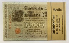 Germany Original Bundle with 18 Banknotes 1000 Mark 1910 Consecutive Numbers
P# 44b, Original Bundle; # 3214081 - 3214098L; AUNC/UNC