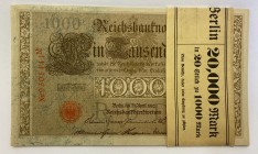 Germany Original Bundle with 20 Banknotes 1000 Mark 1910 Consecutive Numbers
P# 44b, Original Bundle; # 9301441 - 9301460M; AUNC/UNC