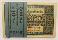 Germany Original Bundle with 50 Banknotes 10 Mark 1920 Consecutive Numbers
P# 67; Original Bundle; With Consecutive Banknotes; AUNC/UNC