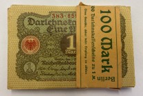 Germany Original Bundle with 100 Banknotes 1 Mark 1920 Consecutive Numbers
P# 58; Original Bundle; Consecutive Banknotes Included; AUNC/UNC