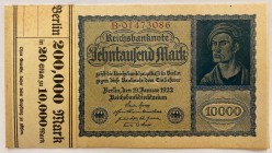 Germany Original Bundle with 18 Banknotes 10000 Mark 1922 Consecutive Numbers
P# 72; Original Bundle; With Consecutive Banknotes #B 01473086 - 014731...