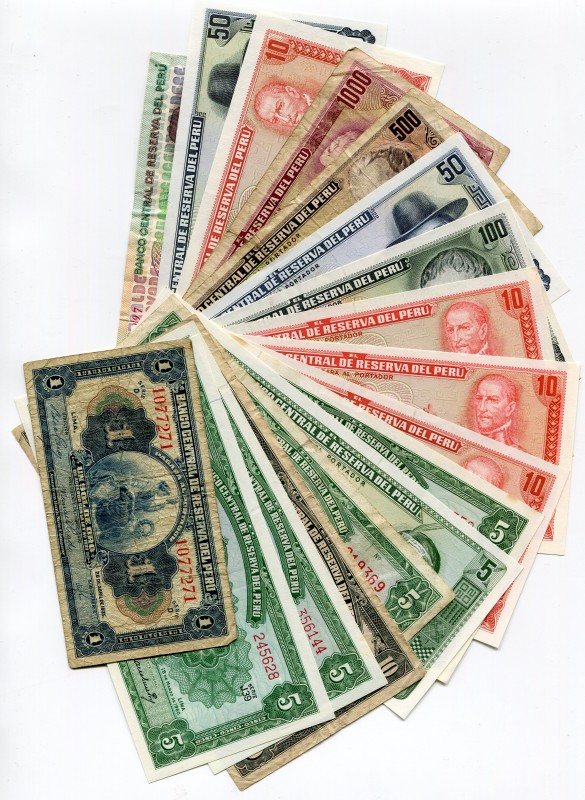 Peru Lot of 32 Banknotes 1935 - 2009
Various Dates, Denominations, Series & Sig...