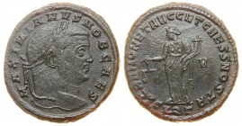 Roman Empire Aquileia Galerius as Caesar AE Follis 300 A.D.
Ric VI,30(a); Billon 9.44g.; MAXIMIANVS NOB CAES Laureate Head Right, Divergent Laurel Ti...
