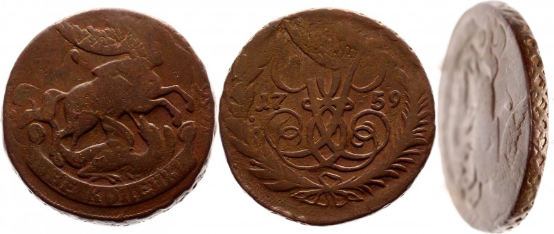 Russia 2 Kopeks 1759 Mixed edge
Bit# 393; Copper 21,04 g.; Edge - both net and ...