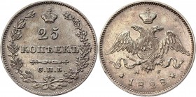 Russia 25 Kopeks 1828 СПБ R
Bit# 126 R; Conros# 136/2 R1; Silver 5.29g.; AU; Отличный коллекционный экземпляр, старая ровная патина; Редкая типовая м...