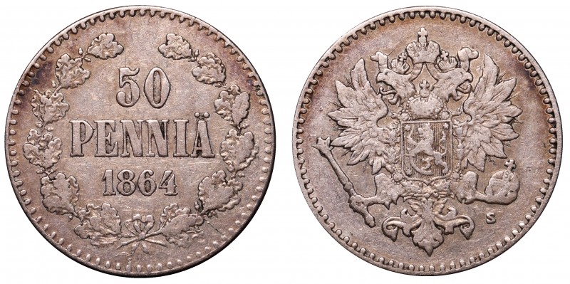 Russia - Finland 50 Pennia 1864 S
Bit# 632; KM# 2.1; Mintage 104.000; Rare Year...