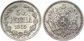 Russia - Finland 50 Pennia 1865 S
Bit# 633; Silver 2.53g; AUNC+/UNC-