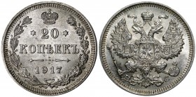 Russia 20 Kopeks 1917 ВС R1
Bit# 119R1; Silver 3.7g; Mint Luster; UNC/BUNC