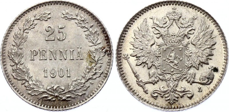 Russia - Finland 25 Pennia 1901 L
Bit# 412; Silver 1.29g; UNC