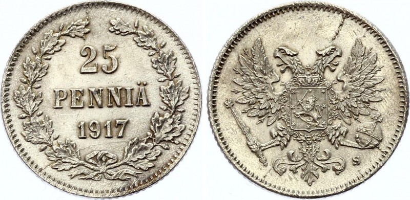 Russia - Finland 25 Pennia 1917 S
Bit# GSF2; Silver 1.29g; Amazing Collectible ...