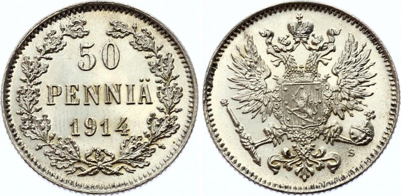 Russia - Finland 50 Pennia 1914 S
Bit# 405; Silver 2.54g; Prooflike Surface; Am...