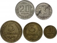 Russia - USSR Set of 5 Coins 1940
1 3 5 15 20 Kopeks 1940