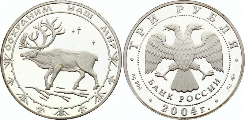 Russia 3 Roubles 2004
Y# 1022; Silver Proof; Reindeer
