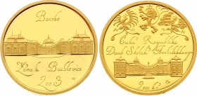 Czech Republic 2000 Korun 2003
KM# 69; Gold (.9999) 6,22g.; Subject: Baroque - Buchlovice Palace Obv: Three heraldic animals above palace Rev: Palace...