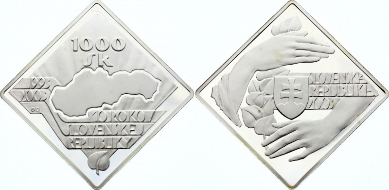 Slovakia 1000 Korun 2003
KM# 63; Silver (.999) 62.207g 43.6mm; Proof; 10th Anni...
