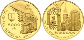 Slovakia 5000 Korun 2004
KM# 80; UNESCO World Heritage - Bardejov. Gold (.900), 9.5g. Mintage 6300. With original box and COA.