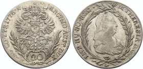 Austria 20 Kreuzer 1778 VC-S
KM# 1856; Maria Theresia. Hall Mint. Silver, VF+.