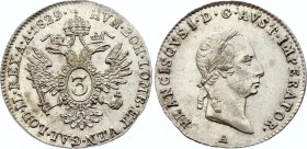 Austria 3 Kreuzer 1829 A
KM# 2119; Franz I. Silver, UNC, mint luster remains.