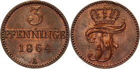 German States Mecklenburg-Schwerin 3 Pfennig 1864 A
KM# 310; Copper 2,41g.; AUNC