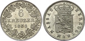 German States Nassau 6 Kreuzer 1838
KM# 43a; Silver; UNC with all Mint luster