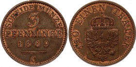 German States Prussia 3 Pfennig 1869 C KEY DATE!
KM# 482; Crowned Shield; Wilhelm I; UNC with Amazing Mint Luster; SUPERB condition!
