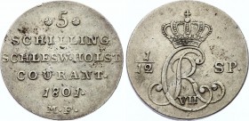German States Schleswig-Holstein 5 Schilling Courant / 1/12 Rigsdaler Specie 1801 MF Very Rare!
KM# 126; Silver; Christian VII; XF