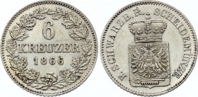 German States Schwarzburg-Rudolstadt 6 Kreuzer 1866
KM# 78a; Silver; Mintage 10.000 Pcs Only!; Only one year type coin; UNC with Mint Luster