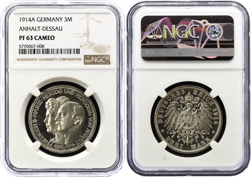 Germany - Empire Anhalt-Dessau 3 Mark 1914 A PROOF NGC PF63
KM# 30; J# 24; Frie...
