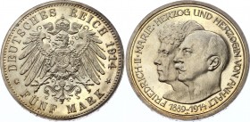 Germany - Empire Anhalt-Dessau 5 Mark 1914 A PROOF
KM# 31, J. 25; Friedrich II; Silver, Proof. Silver Wedding Anniversary. PP.
