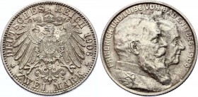 Germany - Empire Baden 2 Mark 1906
KM# 276; Silver; 50th Anniversary of the Wedding of Duke Friedrich I and Louise; UNC-