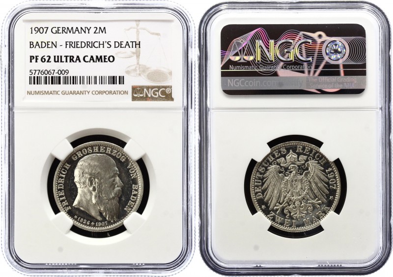 Germany - Empire Baden 2 Mark 1907 PROOF NGC PF62
KM# 278; J# 36; Friedrich I; ...
