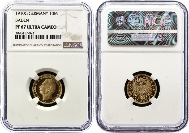 Germany - Empire Baden 10 Mark 1910 G PROOF NGC PF67
KM# 282; J. 191; Gold, Pro...