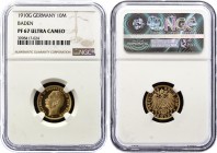 Germany - Empire Baden 10 Mark 1910 G PROOF NGC PF67
KM# 282; J. 191; Gold, Proof. NGC PF67 Ultra Cameo. Rare in this grade. Baden 10 Mark 1910 G PP.