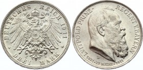 Germany - Empire Bavaria 3 Mark 1911 D
KM# 998; Silver; 90th Birthday of Prince Regent Luitpold; UNC