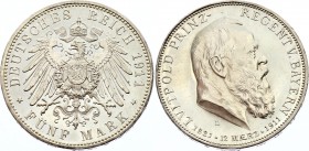 Germany - Empire Bavaria 5 Mark 1911 D PROOF
KM# 999, J# 50; Leopold. To his 90th birthday 12. March 1911. Silver, Proof. Bayern 5 Mark 1911 D PP.