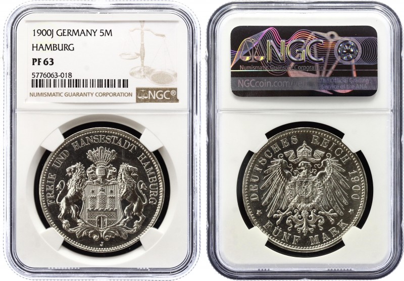 Germany - Empire Hamburg 5 Mark 1900 J PROOF NGC PF63
KM# 610; J# 65; Silver, P...