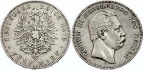 Germany - Empire Hessen 5 Mark 1876 H Rare
KM# 353; Silver; Ludwig III.; Not a common coin even in this condition; VF