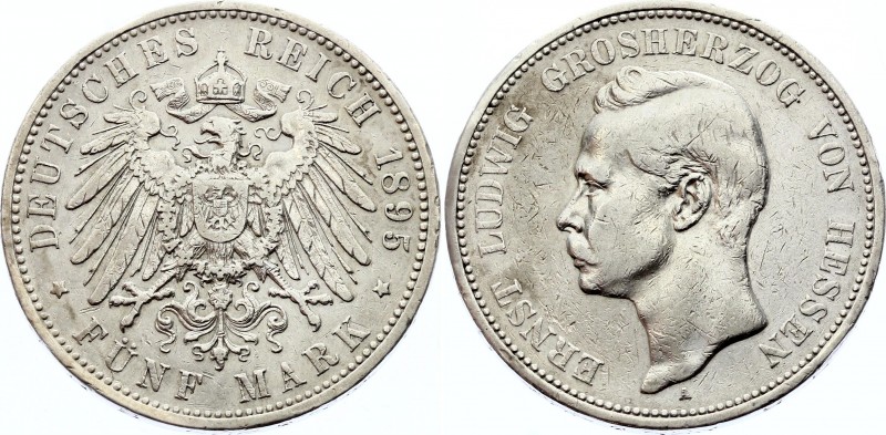 Germany - Empire Hessen 5 Mark 1895 A Rare
KM# 369; Silver; Ernst Ludwig; Not a...