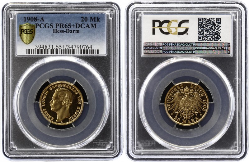 Germany - Empire Hessen 20 Mark 1908 A PROOF PCGS PR65+DCAM
KM# 374; J. 226. Er...