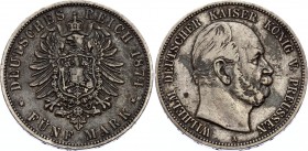 Germany - Empire Prussia 5 Mark 1874 A Rare
KM# 503; Silver; Wilhelm I; Not a common coin even in this condition; VF
