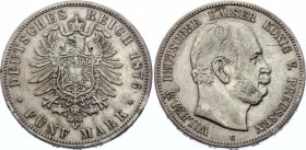 Germany - Empire Prussia 5 Mark 1876 C Rare
KM# 503; Silver; Wilhelm I; Not a common coin even in this condition; VF-