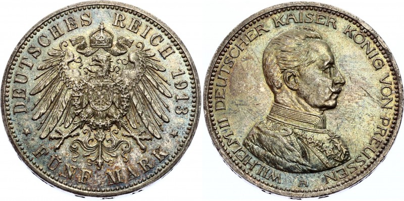 Germany - Empire Prussia 5 Mark 1913 A
KM# 536; Silver; Wilhelm II; Beautiful M...
