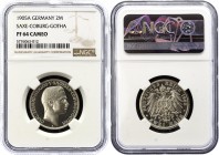 Germany - Empire Saxe-Coburg-Gotha 2 Mark 1905 A PROOF NGC PF64
KM# 166; J# 140; Karl Eduard. Silver; Proof. Sachsen Coburg Gotha 2 Mark 1905 A PP.