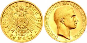 Germany - Empire Saxe-Coburg-Gotha 20 Mark 1905 A PROOF
KM# 172, J. 274; Karl Eduard. Gold (.900), 7.965g. Mintage 484. Sachsen Coburg Gotha 20 Mark ...