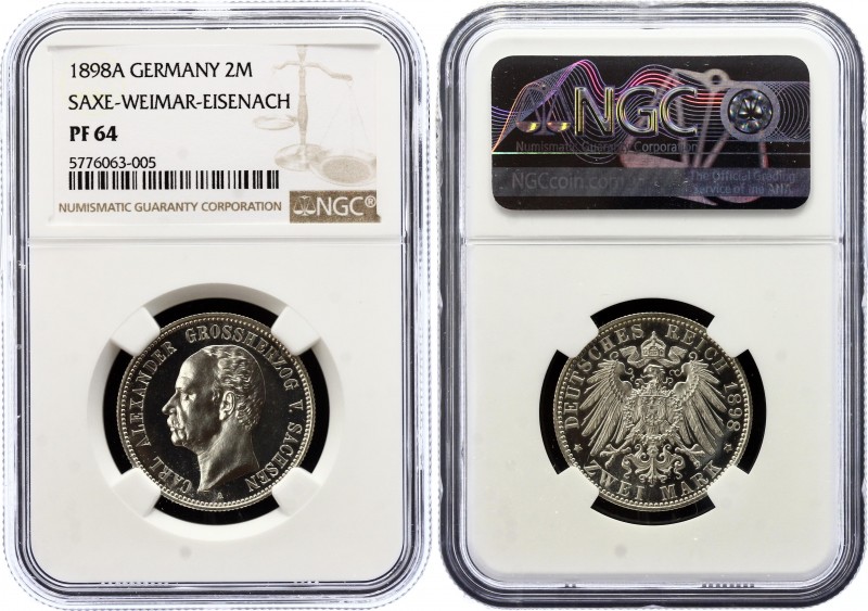 Germany - Empire Saxe-Weimar-Eisenach 2 Mark 1898 A PROOF NGC PF64
KM# 214; J# ...