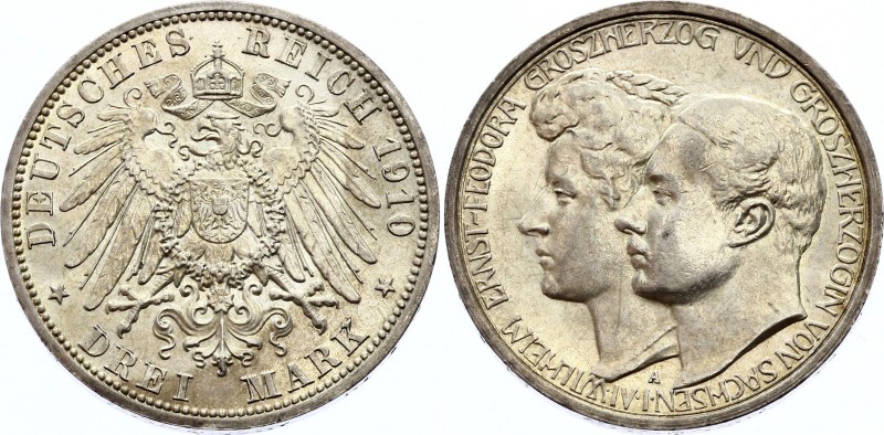 Germany - Empire Saxe-Weimar-Eisenach 3 Mark 1910 A
KM# 221; Silver; Grand Duke...
