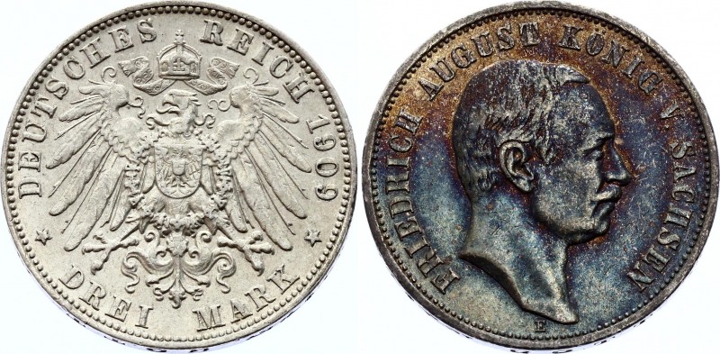 Germany - Empire Saxony Albertine 3 Mark 1909 E
KM# 1267; Silver; Friedrich Aug...