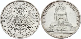 Germany - Empire Saxony Albertine 3 Mark 1913 E
KM# 1275; Silver; 100th Anniversary of the Battle of Leipzig; UNC
