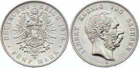 Germany - Empire Saxony Albertine 5 Mark 1876 E
KM# 1237; Silver; Albert I; Not a common coin even in this condition; VF+/XF-