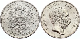 Germany - Empire Saxony Albertine 5 Mark 1900 E
KM# 1246; Silver; Albert I; XF